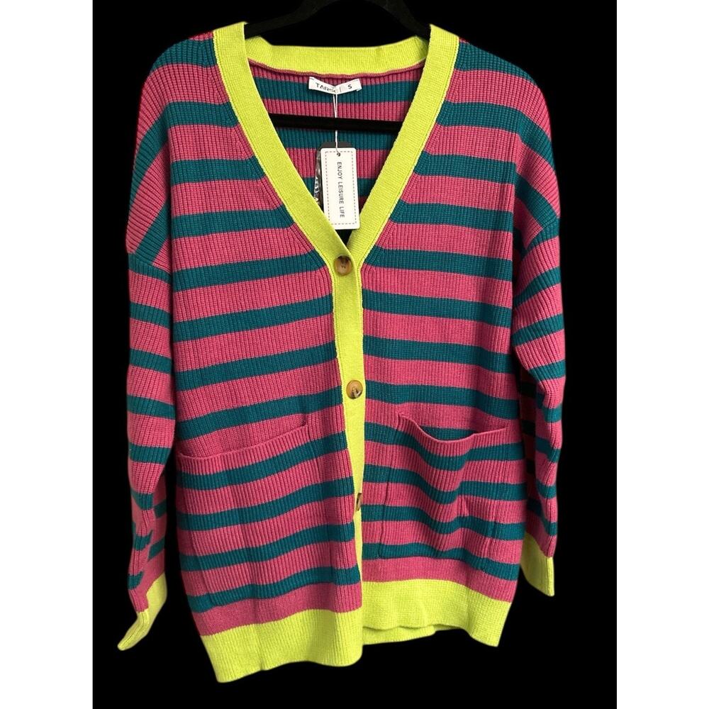 Women's‎ Long Sleeve Cardigan Sweater Striped Button Up Purple Blue Yellow Small